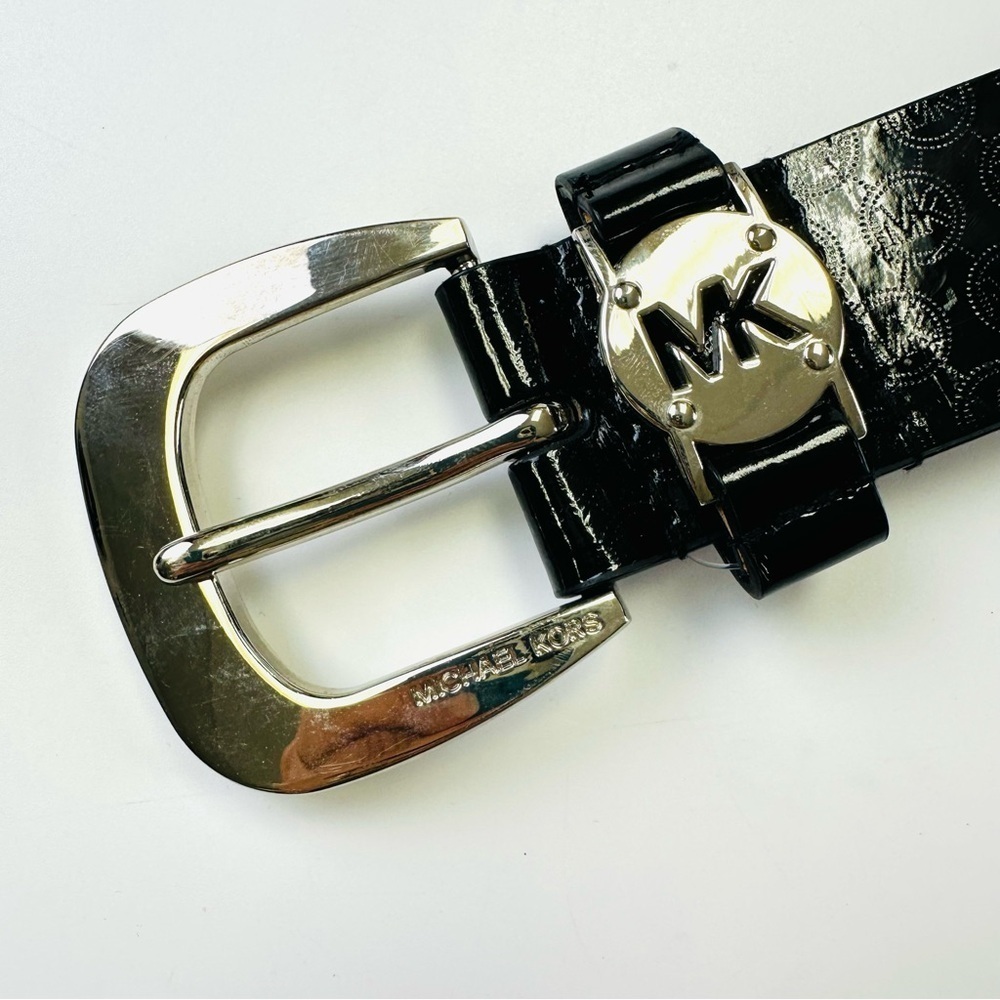 Michael Kors black jacquard logo print womens belt silvertone buckle